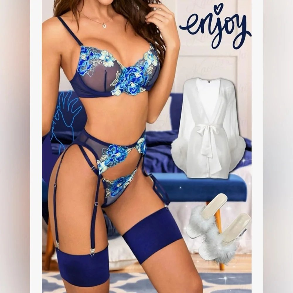 Blue Floral Embroidered Mesh Lingerie Set 4pc Garter Sheer Lace - Picture 5 of 7